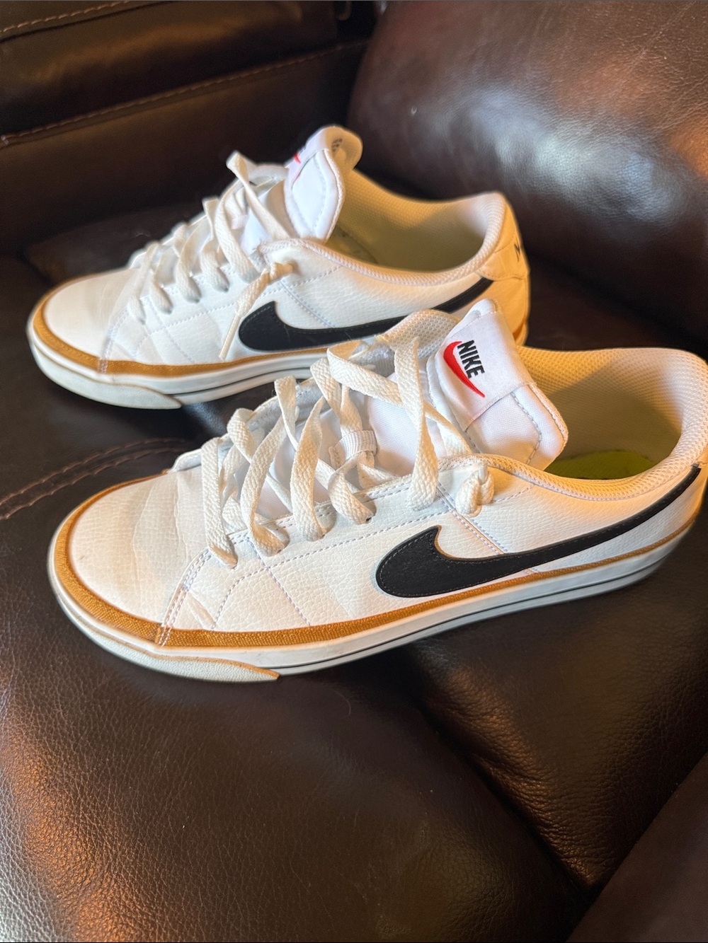Nike Men’s White Low-Top Sneakers with Black Swoosh and Brown Trim